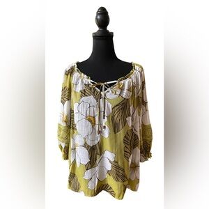 Unique Spectrum: Olive Green and White Boho Rayon Blouse